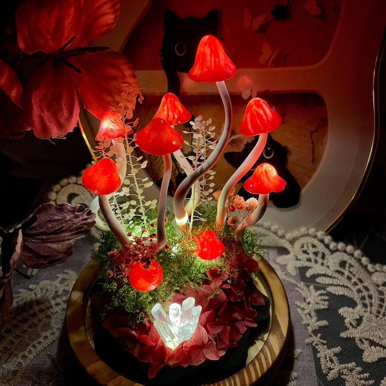 Red Mushroom Night Light Handcrafted Glass & Clay Lamp with Crystal and Preserved Flowers Battery or USB Powered
