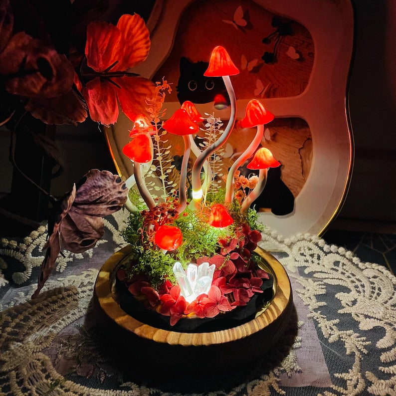 Red Mushroom Night Light Handcrafted Glass & Clay Lamp with Crystal and Preserved Flowers Battery or USB Powered