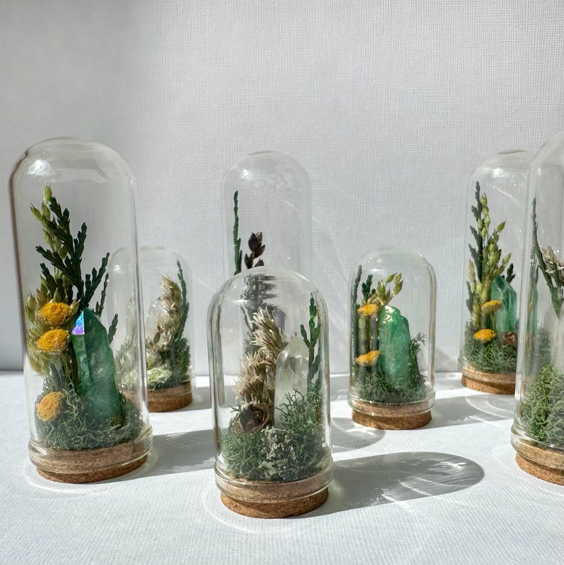 Mini Glass Terrarium with Dried Florals, Moss & Aura Quartz Crystal, 1.75" or 2.75" Tall