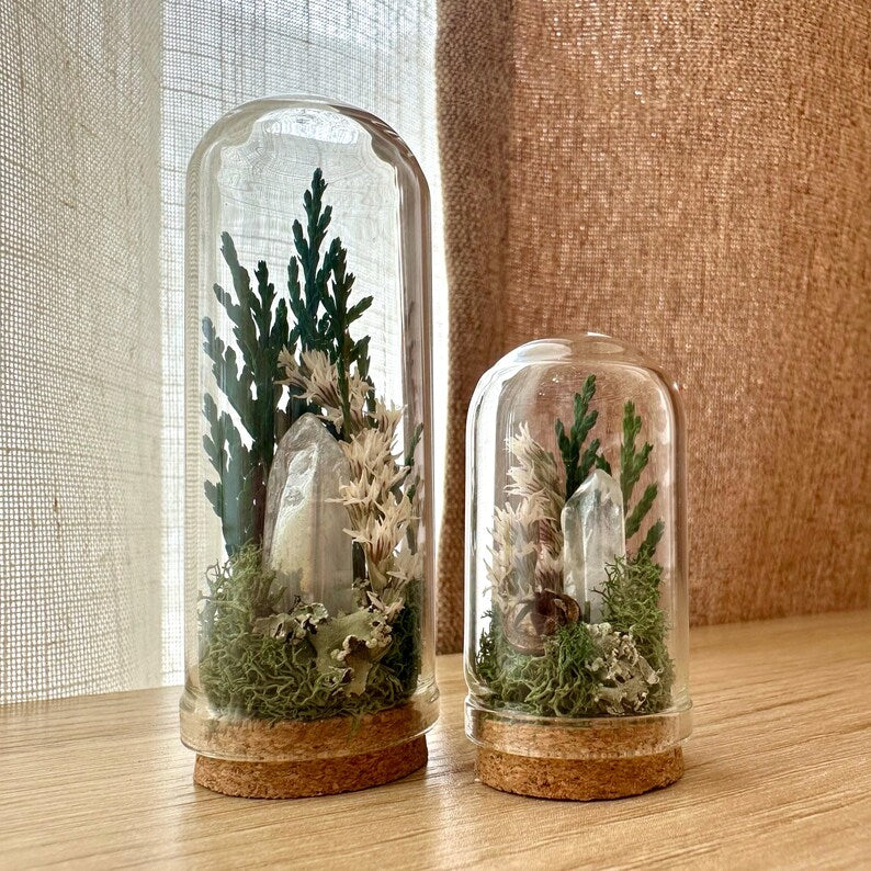 Mini Glass Terrarium with Dried Florals, Moss & Aura Quartz Crystal, 1.75" or 2.75" Tall