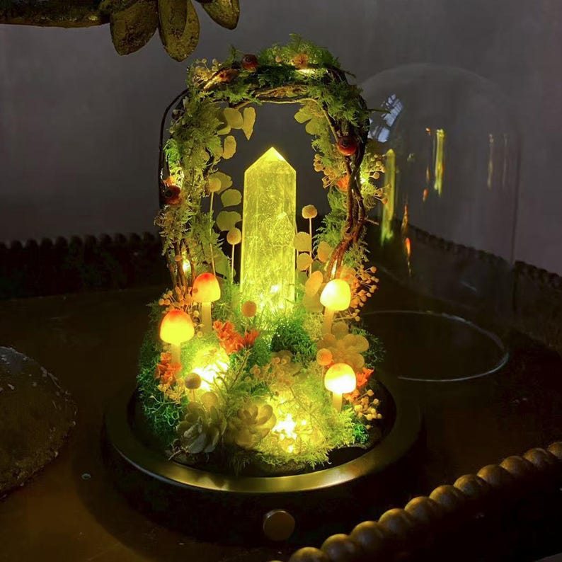 Citrine Crystal Night Light with Mushroom & Floral Wreath, Wooden Base, LED, 17 cm