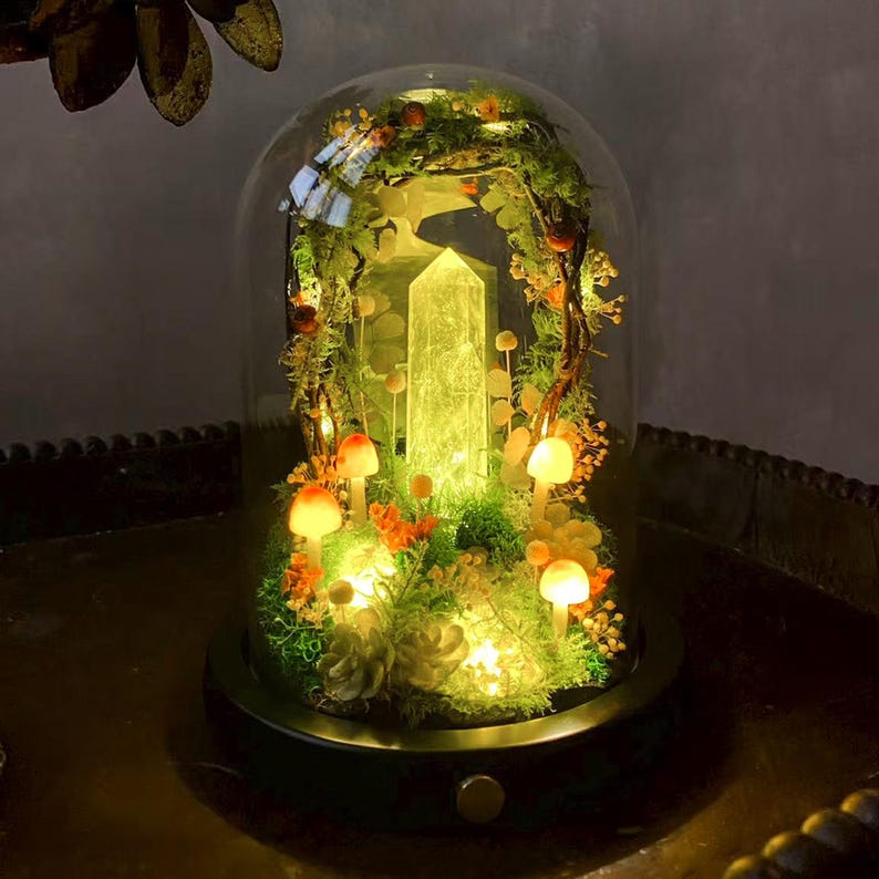 Citrine Crystal Night Light with Mushroom & Floral Wreath, Wooden Base, LED, 17 cm