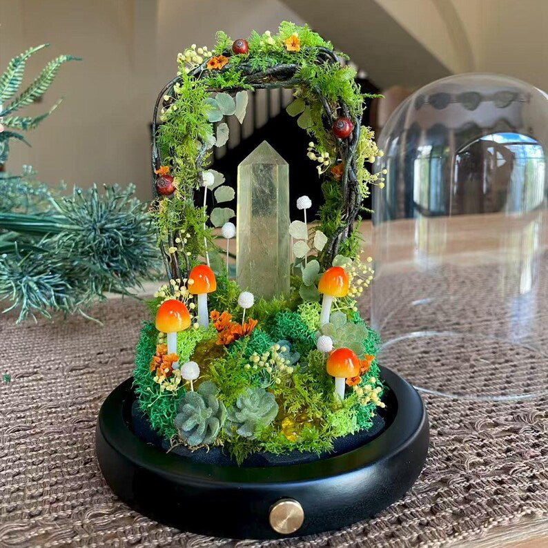Citrine Crystal Night Light with Mushroom & Floral Wreath, Wooden Base, LED, 17 cm