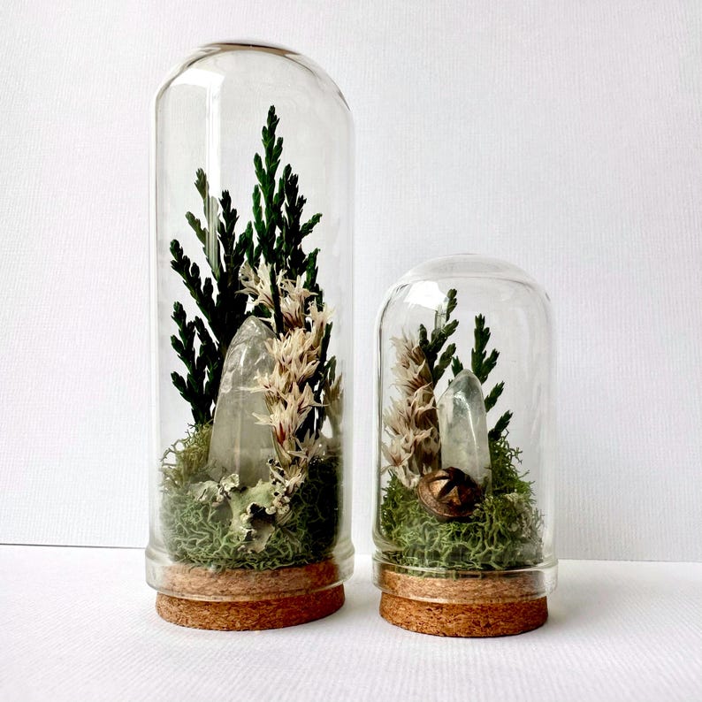 Mini Glass Terrarium with Dried Florals, Moss & Aura Quartz Crystal, 1.75" or 2.75" Tall