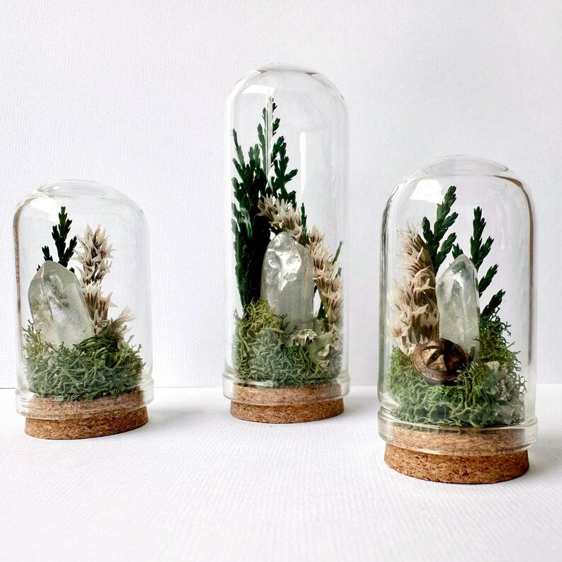 Mini Glass Terrarium with Dried Florals, Moss & Aura Quartz Crystal, 1.75" or 2.75" Tall