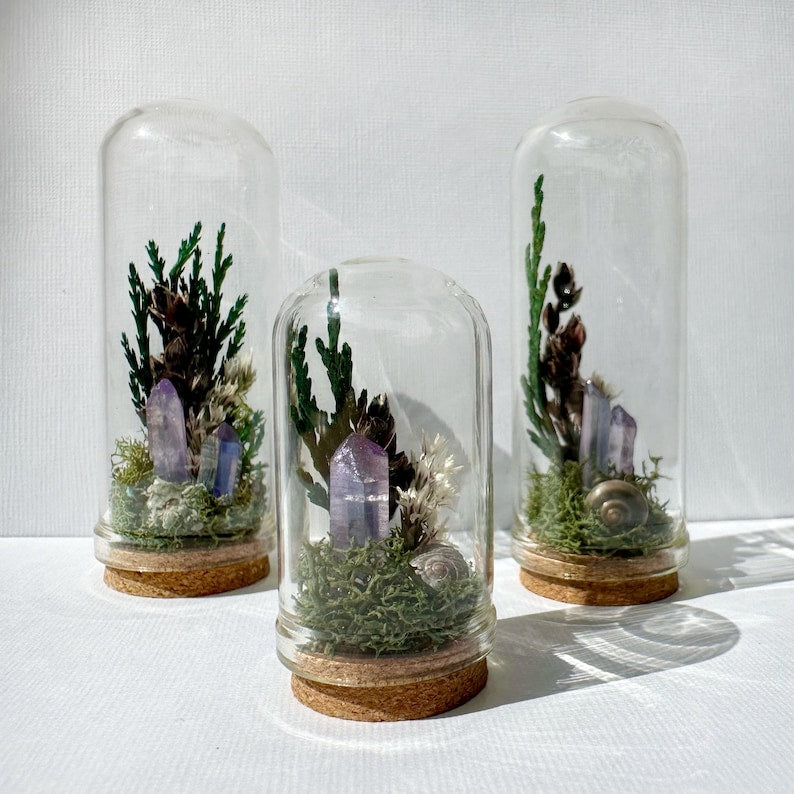 Mini Glass Terrarium with Dried Florals, Moss & Aura Quartz Crystal, 1.75" or 2.75" Tall