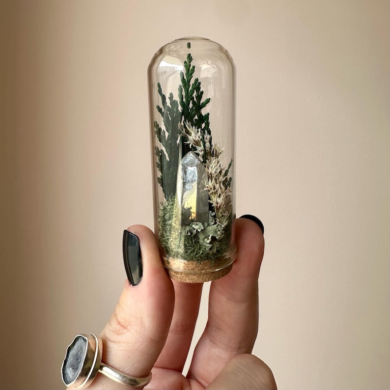 Mini Glass Terrarium with Dried Florals, Moss & Aura Quartz Crystal, 1.75" or 2.75" Tall