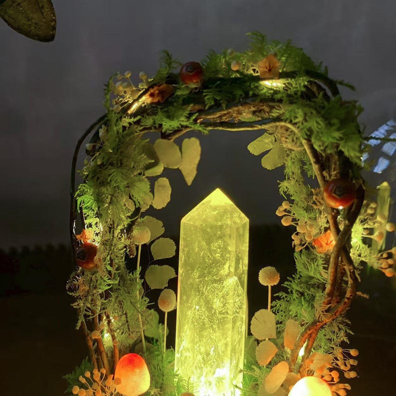 Citrine Crystal Night Light with Mushroom & Floral Wreath, Wooden Base, LED, 17 cm
