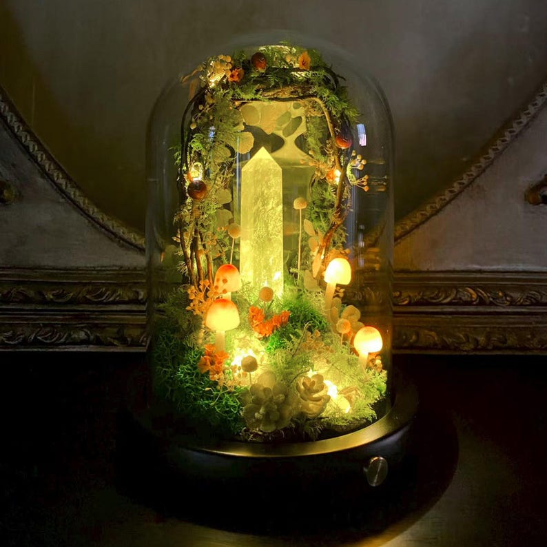Citrine Crystal Night Light with Mushroom & Floral Wreath, Wooden Base, LED, 17 cm