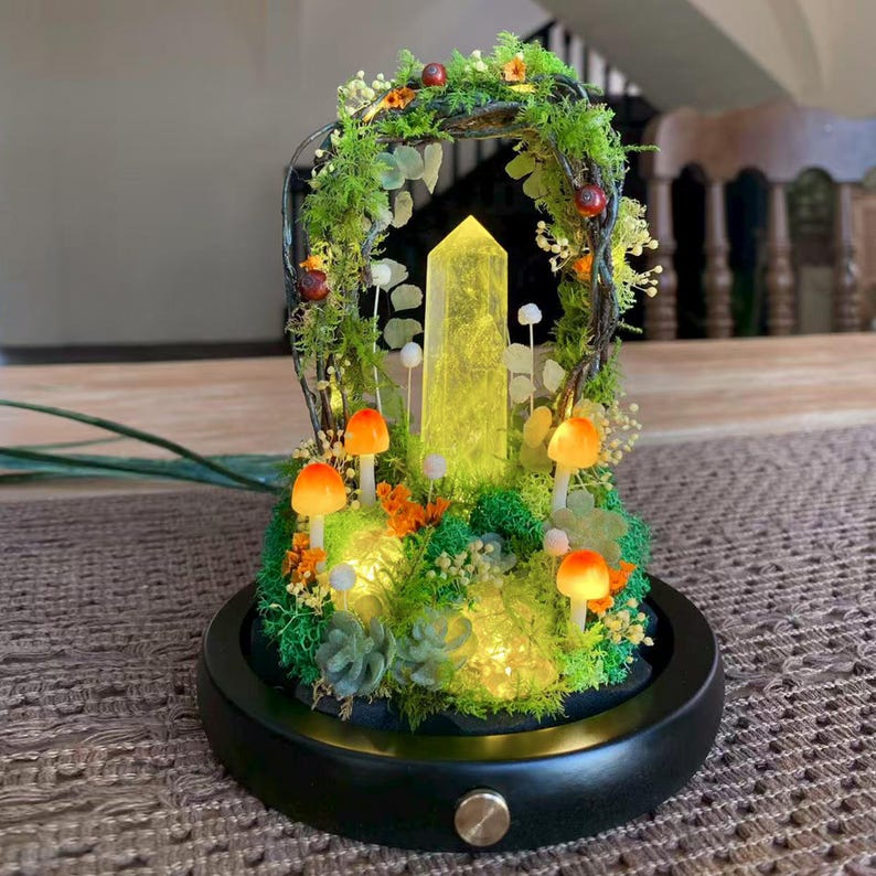 Citrine Crystal Night Light with Mushroom & Floral Wreath, Wooden Base, LED, 17 cm
