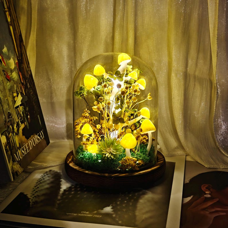 Yellow Mushroom LED Night Light, Handmade Glowing Mushroom Lamp, 16x10x10 cm, Battery or USB Powered, for Bedroom Living Room Home Decor