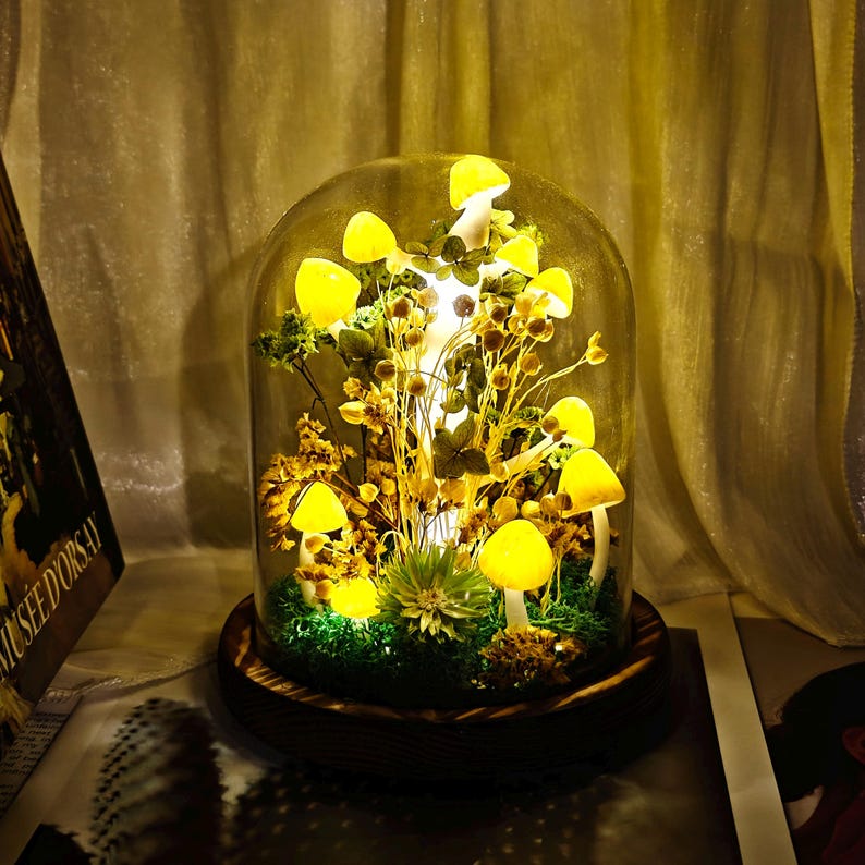 Yellow Mushroom LED Night Light, Handmade Glowing Mushroom Lamp, 16x10x10 cm, Battery or USB Powered, for Bedroom Living Room Home Decor