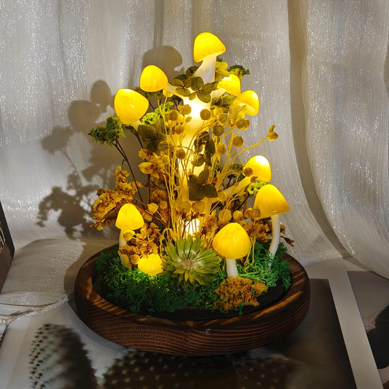Yellow Mushroom LED Night Light, Handmade Glowing Mushroom Lamp, 16x10x10 cm, Battery or USB Powered, for Bedroom Living Room Home Decor