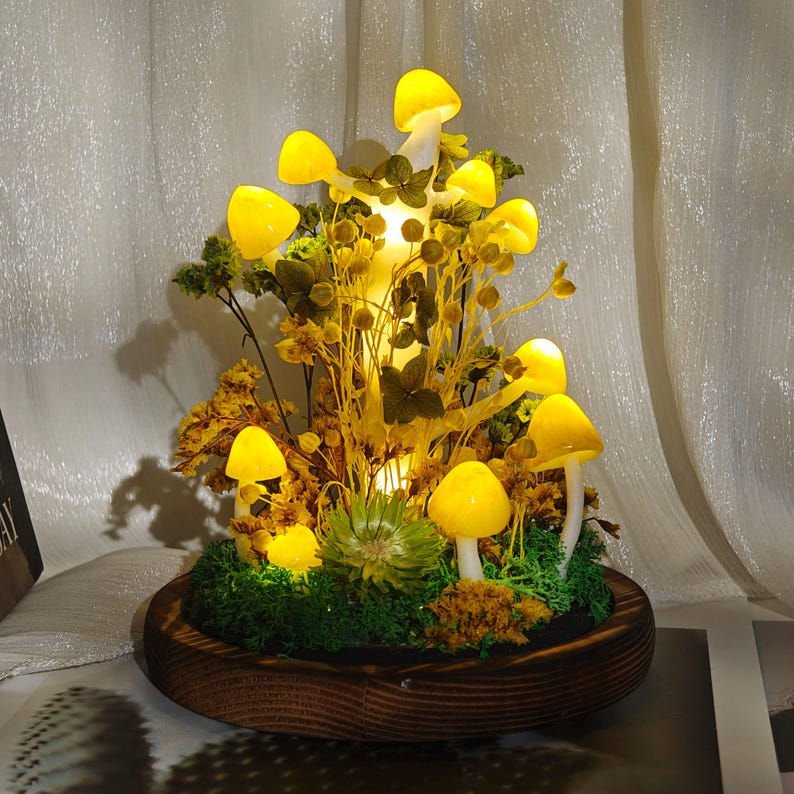 Yellow Mushroom LED Night Light, Handmade Glowing Mushroom Lamp, 16x10x10 cm, Battery or USB Powered, for Bedroom Living Room Home Decor