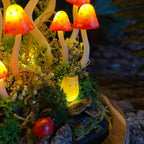 Orange-Red Mushroom Lamp with Elf Figurine, Wooden Base & Glass Dome LED Night Light, Battery or USB Powered