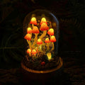 Orange-Red Mushroom Lamp with Elf Figurine, Wooden Base & Glass Dome LED Night Light, Battery or USB Powered