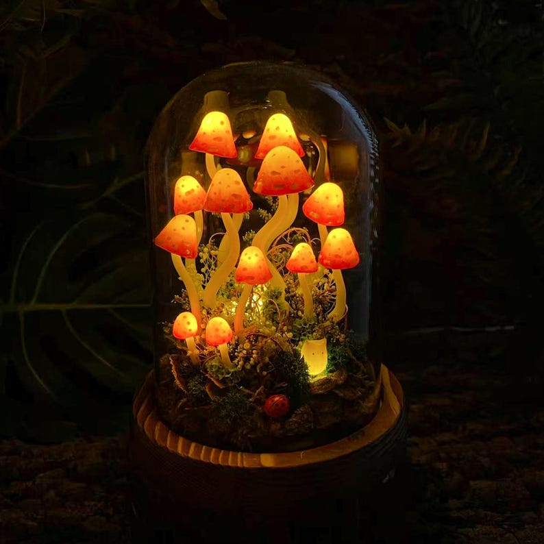 Orange-Red Mushroom Lamp with Elf Figurine, Wooden Base & Glass Dome LED Night Light, Battery or USB Powered