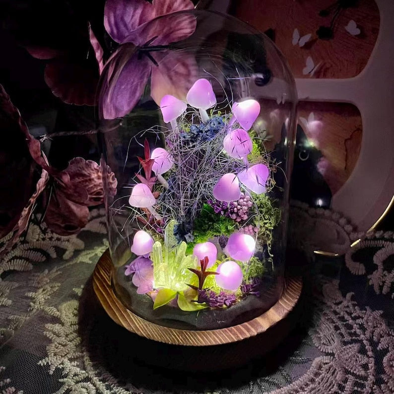 Purple Mushroom Night Light Glass & Wood Base Handmade Bedroom Decor 15cm
