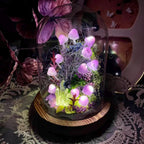 Purple Mushroom Night Light Glass & Wood Base Handmade Bedroom Decor 15cm