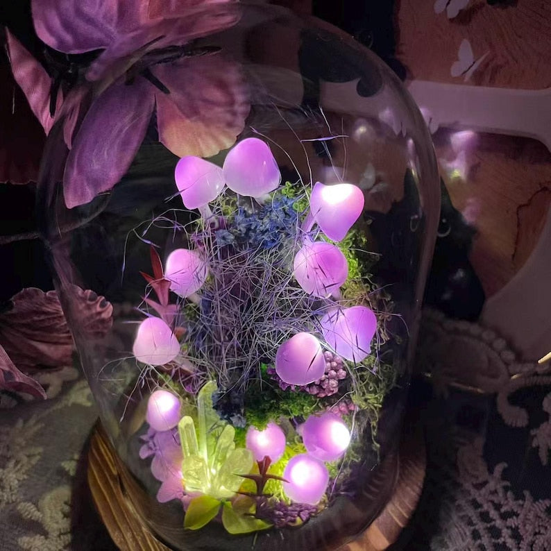 Purple Mushroom Night Light Glass & Wood Base Handmade Bedroom Decor 15cm