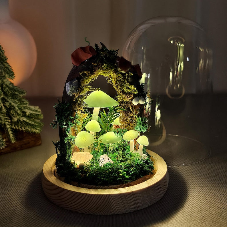 LED Mushroom Night Light with Dried Flowers and Wooden Base, 12cm Diameter, 17.5cm Height
