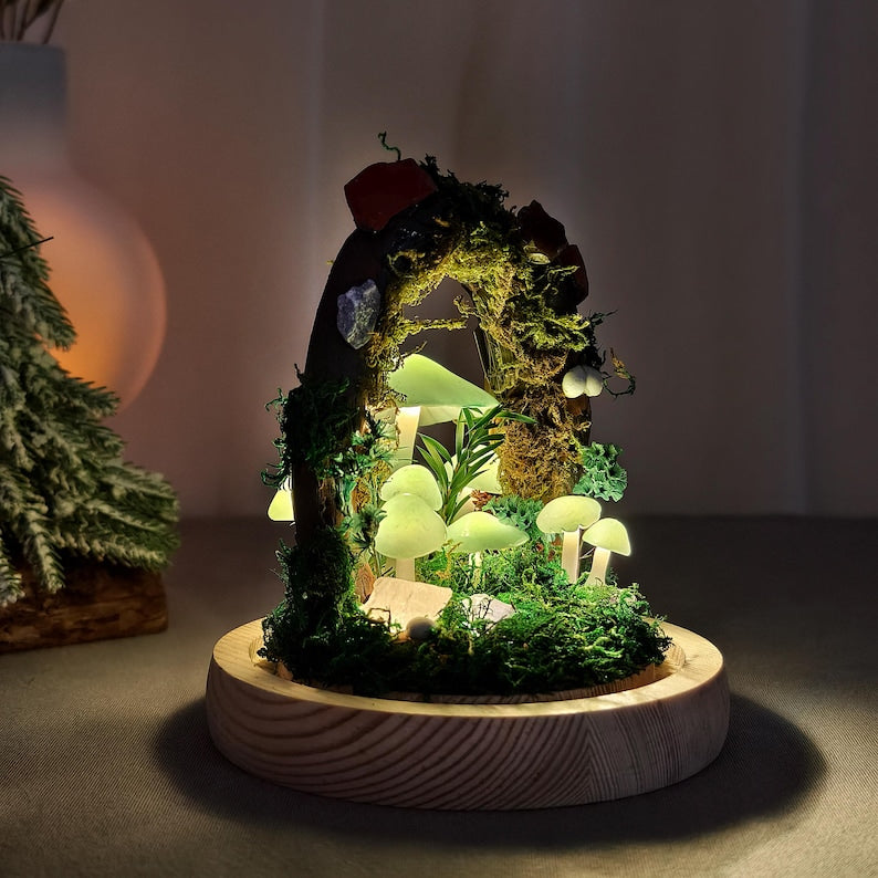 LED Mushroom Night Light with Dried Flowers and Wooden Base, 12cm Diameter, 17.5cm Height