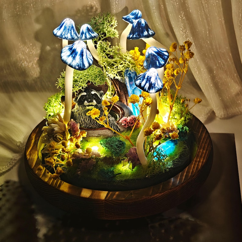 Handmade Mushroom Lamp with Crystals and Dried Flowers LED Night Light Whimsical Room Decor for Bedroom Living Room