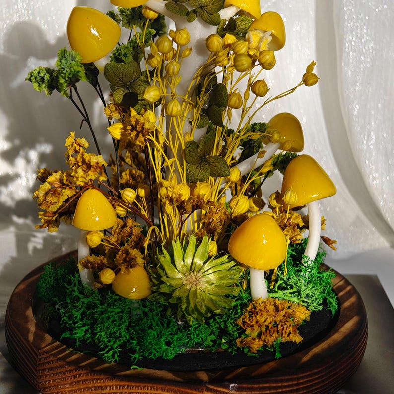 Yellow Mushroom LED Night Light, Handmade Glowing Mushroom Lamp, 16x10x10 cm, Battery or USB Powered, for Bedroom Living Room Home Decor