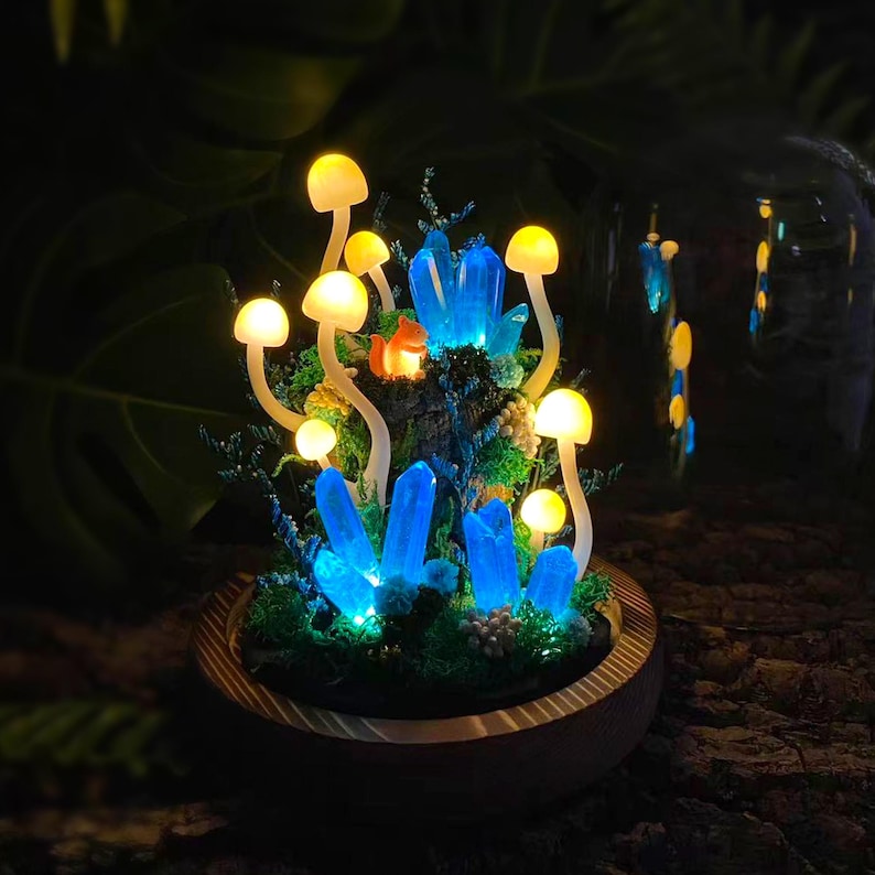 Blue Crystal Mushroom Lamp with Squirrel, Handmade LED Night Light, Wooden Base, Glass Dome, 2 Sizes