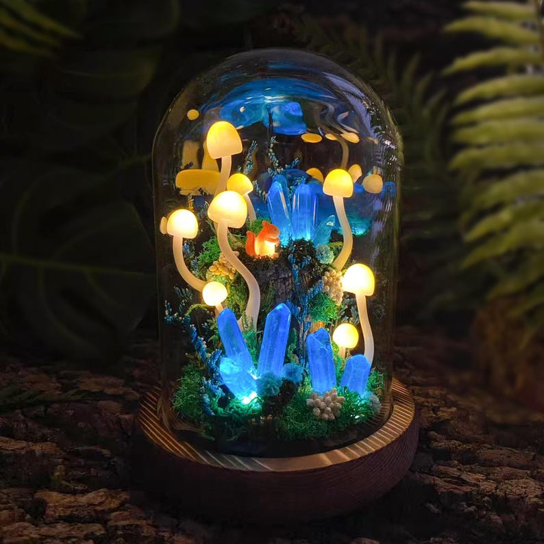 Blue Crystal Mushroom Lamp with Squirrel, Handmade LED Night Light, Wooden Base, Glass Dome, 2 Sizes
