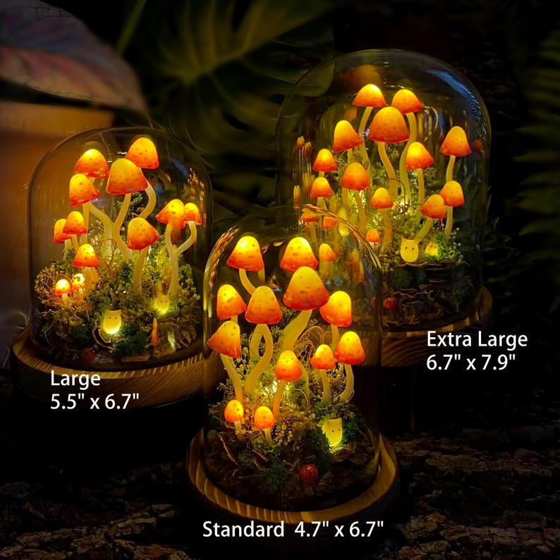 Orange-Red Mushroom Lamp with Elf Figurine, Wooden Base & Glass Dome LED Night Light, Battery or USB Powered