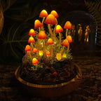 Orange-Red Mushroom Lamp with Elf Figurine, Wooden Base & Glass Dome LED Night Light, Battery or USB Powered