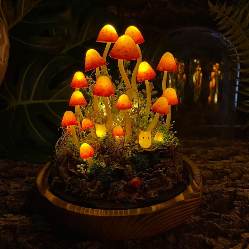 Orange-Red Mushroom Lamp with Elf Figurine, Wooden Base & Glass Dome LED Night Light, Battery or USB Powered