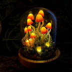 Orange-Red Mushroom Lamp with Elf Figurine, Wooden Base & Glass Dome LED Night Light, Battery or USB Powered