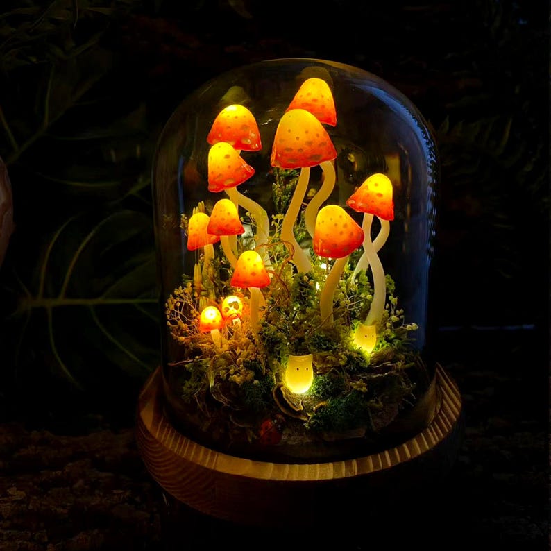 Orange-Red Mushroom Lamp with Elf Figurine, Wooden Base & Glass Dome LED Night Light, Battery or USB Powered