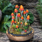 Orange-Red Mushroom Lamp with Elf Figurine, Wooden Base & Glass Dome LED Night Light, Battery or USB Powered