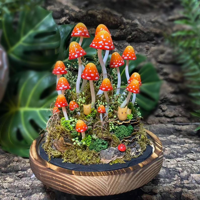 Orange-Red Mushroom Lamp with Elf Figurine, Wooden Base & Glass Dome LED Night Light, Battery or USB Powered