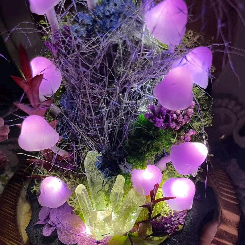 Purple Mushroom Night Light Glass & Wood Base Handmade Bedroom Decor 15cm