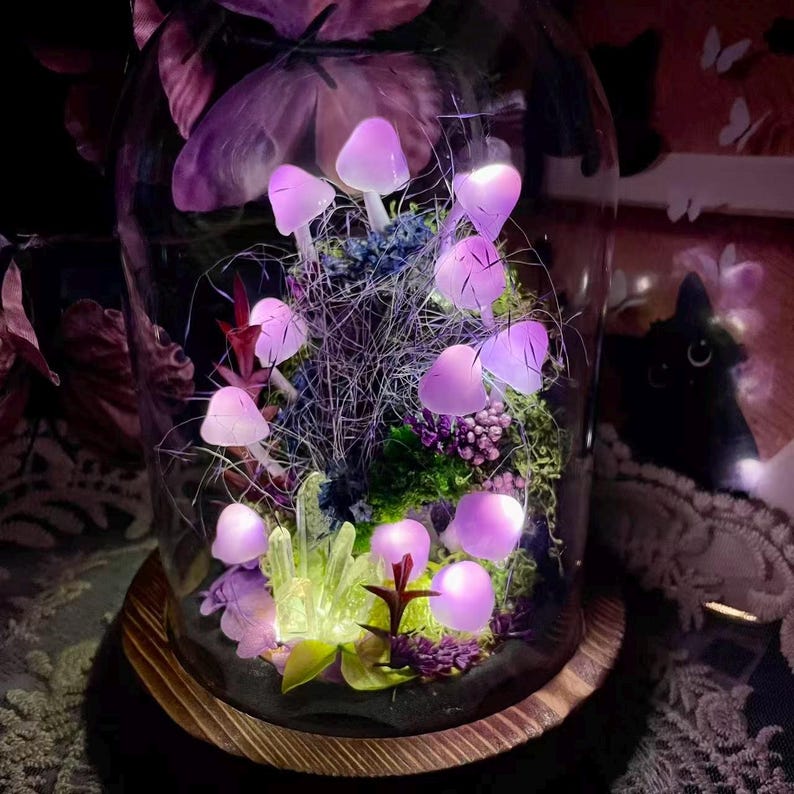 Purple Mushroom Night Light Glass & Wood Base Handmade Bedroom Decor 15cm