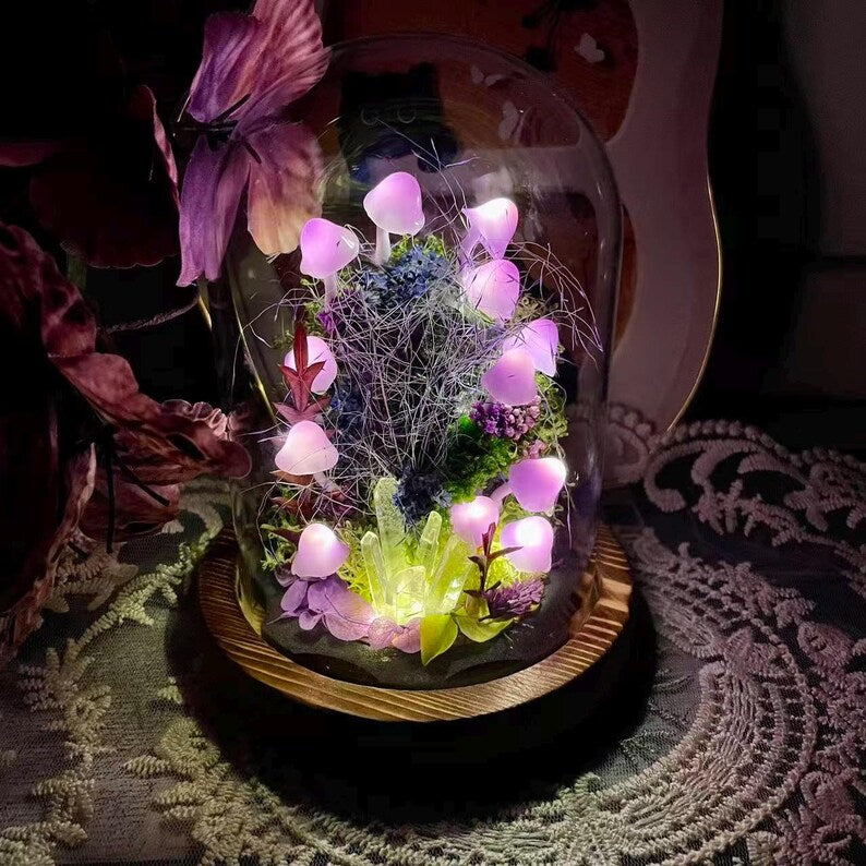 Purple Mushroom Night Light Glass & Wood Base Handmade Bedroom Decor 15cm
