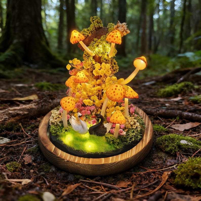 Yellow Mushroom Lamp LED Night Light Handmade 6.3in Height Matte Shade