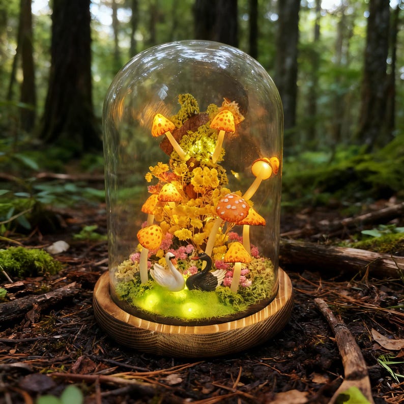 Yellow Mushroom Lamp LED Night Light Handmade 6.3in Height Matte Shade