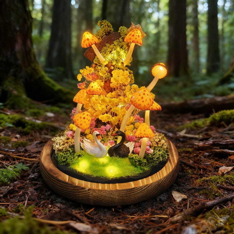 Yellow Mushroom Lamp LED Night Light Handmade 6.3in Height Matte Shade