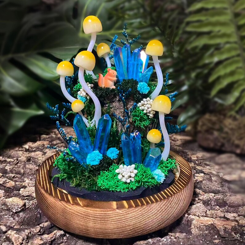 Blue Crystal Mushroom Lamp with Squirrel, Handmade LED Night Light, Wooden Base, Glass Dome, 2 Sizes