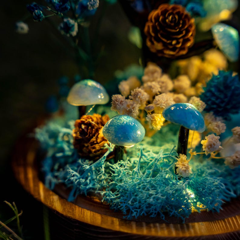 Blue Handmade Mushroom Lamp with Dried Flowers, Glass Dome, Resin Clay, Fantasy Bedroom Decor
