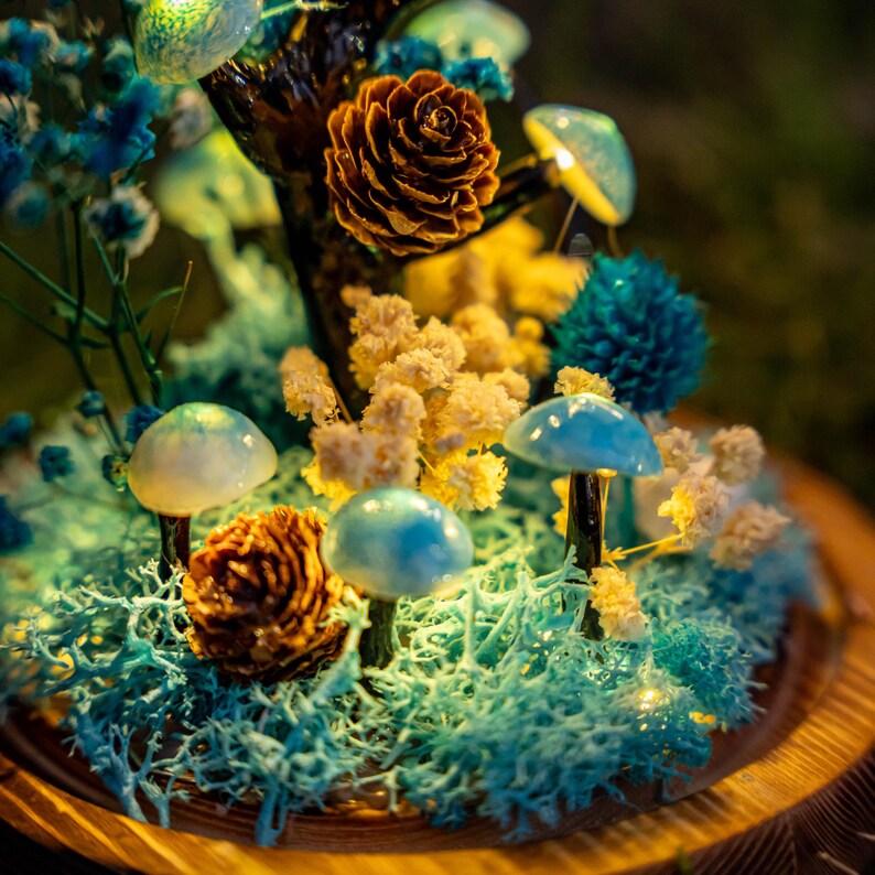 Blue Handmade Mushroom Lamp with Dried Flowers, Glass Dome, Resin Clay, Fantasy Bedroom Decor