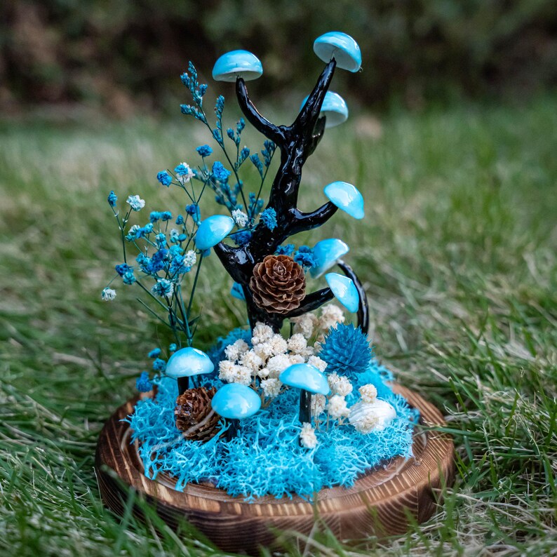 Blue Handmade Mushroom Lamp with Dried Flowers, Glass Dome, Resin Clay, Fantasy Bedroom Decor