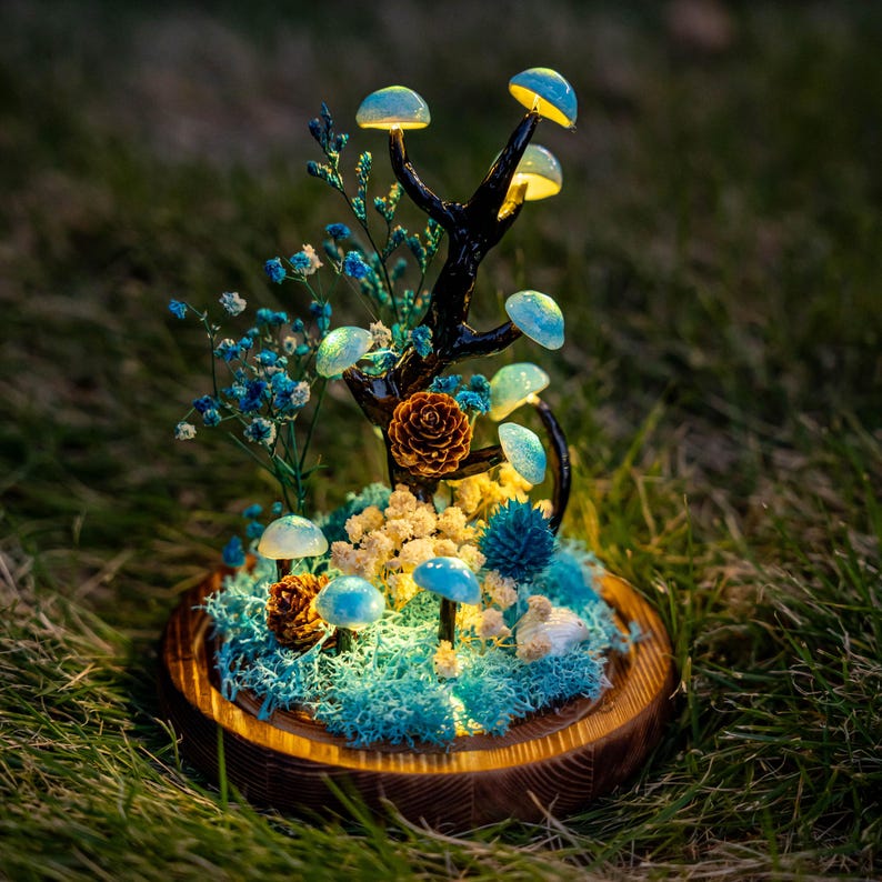 Blue Handmade Mushroom Lamp with Dried Flowers, Glass Dome, Resin Clay, Fantasy Bedroom Decor
