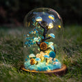 Blue Handmade Mushroom Lamp with Dried Flowers, Glass Dome, Resin Clay, Fantasy Bedroom Decor