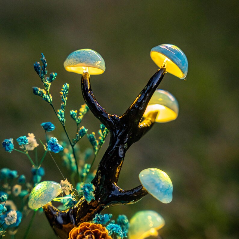 Blue Handmade Mushroom Lamp with Dried Flowers, Glass Dome, Resin Clay, Fantasy Bedroom Decor